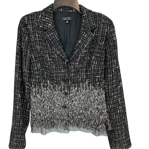 Rickie Freeman Teri Jon Tweed Black White Fringe wool blend Blazer Size 14 - Picture 2 of 16